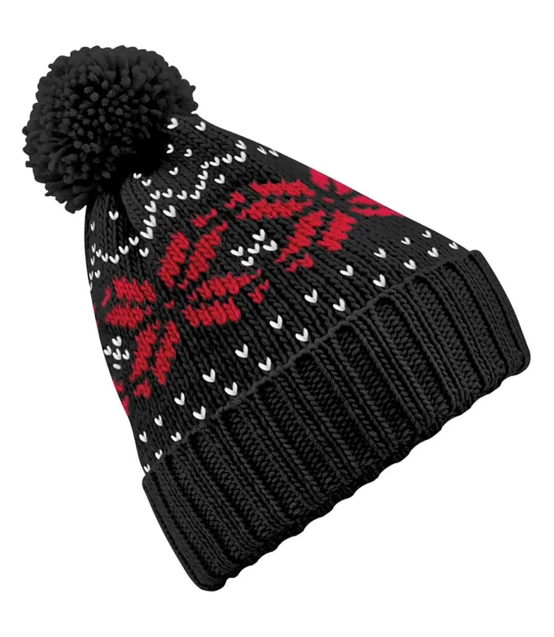 Beechfield Unisex Fair Isle Snowstar Winter Beanie Hat (Black/Classic Red/White) - UTRW2029